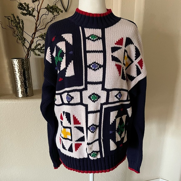 Vtg LizWear 80s Sweater Geometric Knitted Pullover Mock  Womens M Multi  *READ* - Picture 1 of 7